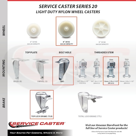 Service Caster 4 Inch SS Nylon Wheel Swivel 12mm Threaded Stem Caster Brakes SCC, 2PK SCC-SSTS20S414-NYS-M1215-2-TLB-2